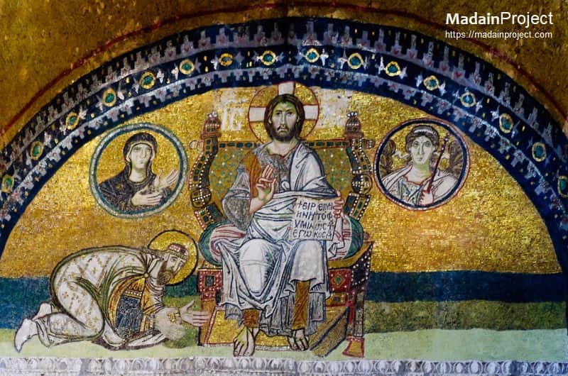 Detail of the Imperial Gate Mosaic in Hagia Sophia (circa 886-912 CE), showing how the image is built from thousands of small stone and gold-leaf tesserae.